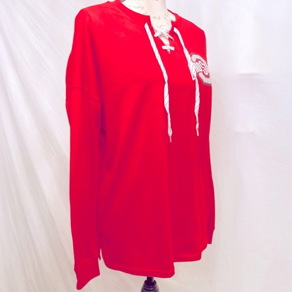 Ohio State Scarlet and Gray Authentic Apparel Lace Up Neck Long Sleeve Shirt S - Picture 2 of 9